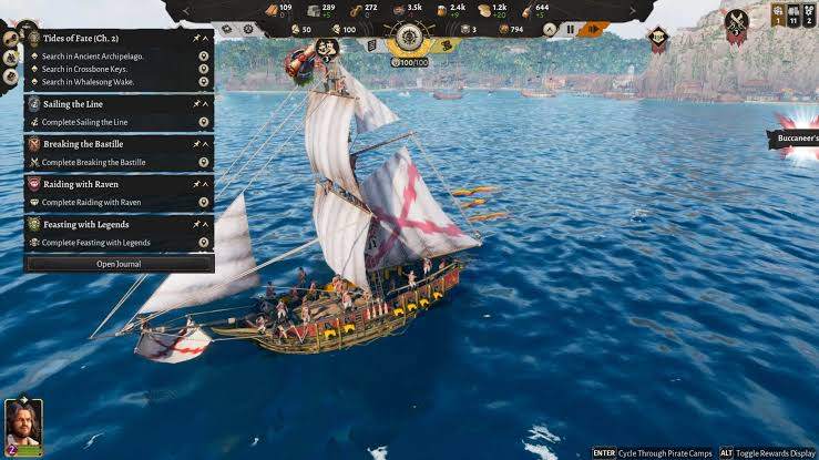 Corsair Cove gameplay screenshot showing a crewed ship at sea alongside the in-game journal panel listing active Deeds and Ambitions such as Tides of Fate, Sailing the Line and Raiding with Raven.