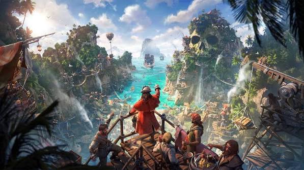 Corsair Cove key art: a pirate captain on a wooden platform looking out over a tropical cove with a skull-shaped island, ships at anchor and settlements built into the cliffs.