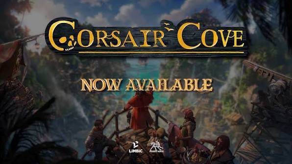 Corsair Cove "Now Available" key art showing the game logo over a pirate cove, with the Limbic Entertainment and Hooded Horse publisher logos.