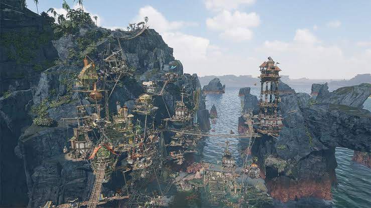 Corsair Cove buildings constructed across sea stacks and cliff faces above open water, connected by long rope bridges.
