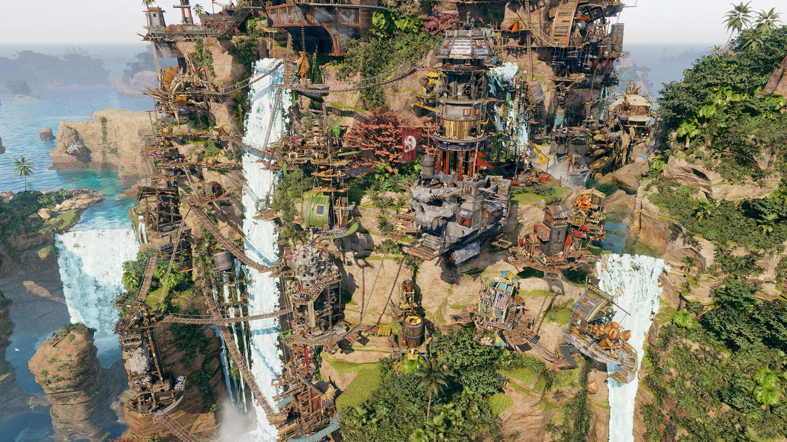 A dense Corsair Cove settlement built up a cliff face, with workshops on stacked ledges linked by ladders, rope bridges and ziplines between two waterfalls.