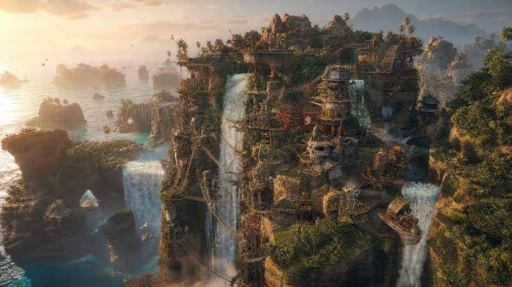 A Corsair Cove island settlement at sunset, buildings terraced down a cliff between waterfalls with the open sea beyond.