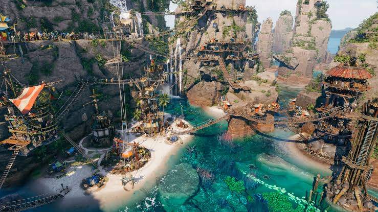 A Corsair Cove cove with ziplines and rope bridges spanning between cliff ledges above a turquoise beach, connecting separated parts of the settlement.